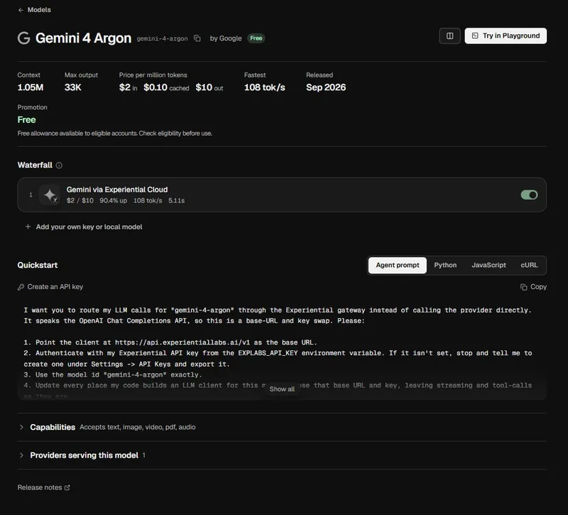 Gemini 4 Argon model page on Experiential Labs
